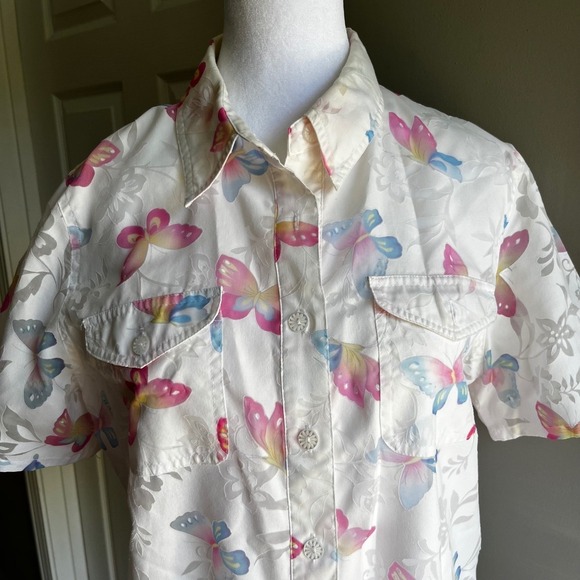 Alfred Dunner Butterfly Print Button Up Shirt Short Sleeve White Floral Top - Picture 2 of 8